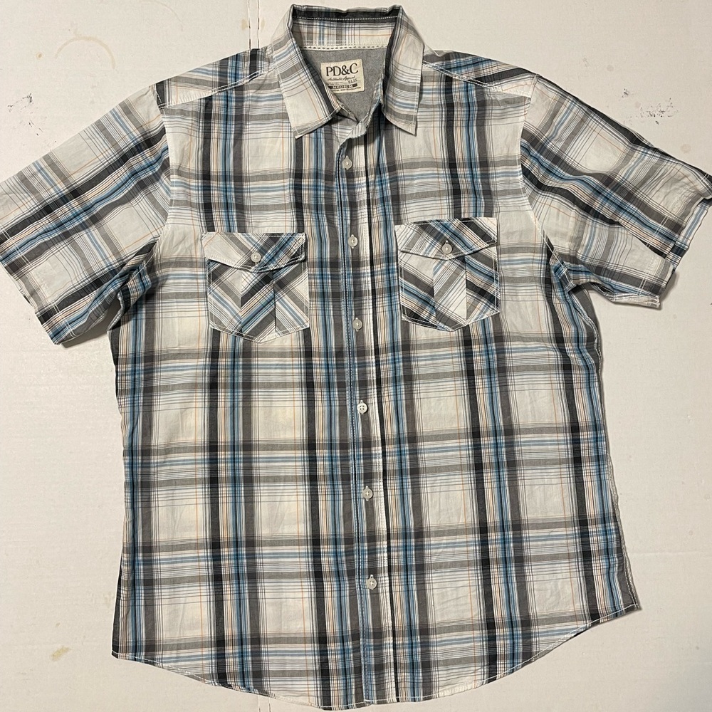 PD&C Button Up Shirt Men's M Short Sleeve Multi Plaid Classic Fit Casual Cotton